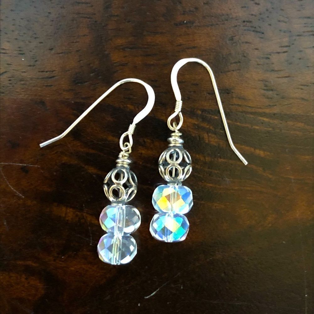 Handmade Silver Iridescent Beaded Earrings